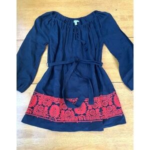 J.Crew XS S Navy Linen Oversized Short Dress Belted Red Floral Embroidered Tunic